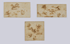 THREE SMALL DRAWINGS WITH SKETCHES OF HORSES, BUSHES AND A RIFLEMAN 
