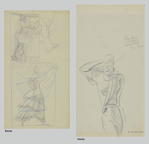 A SHEET OF STUDIES FOR TWO ADVERTISING POSTERS (La Rinascente on the recto and Radio Safar on the verso)